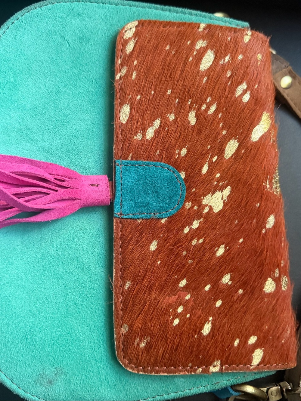 REDUCED PRICE!! Turquoise & Rust Cowhide Crossbody Bag with Pink Tassel